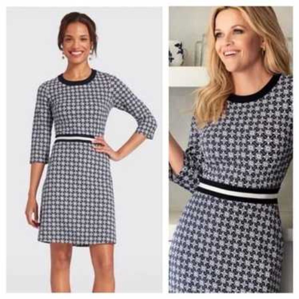 Coastal Draper James Navy Blue Floral Honeycomb Dress High Neck Knee Length L